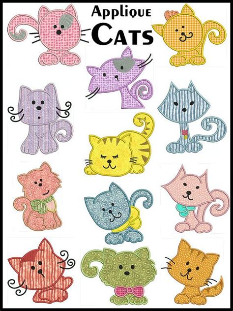 Set Of 12 Cats Machine Applique Embroidery Instant Digital