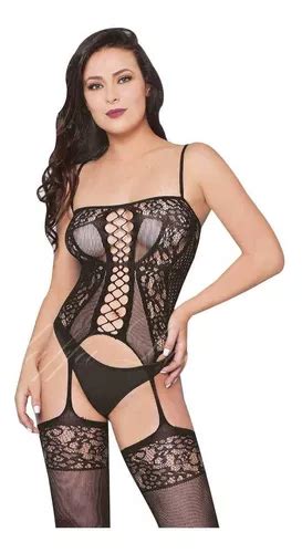 Lingerie Sexy Macacão Arrastão Cinta Liga Sensual Detalhada