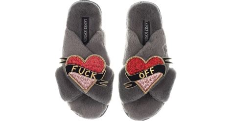 Laines London Classic Laines Slippers With Fuck Off Brooches In Gray Lyst