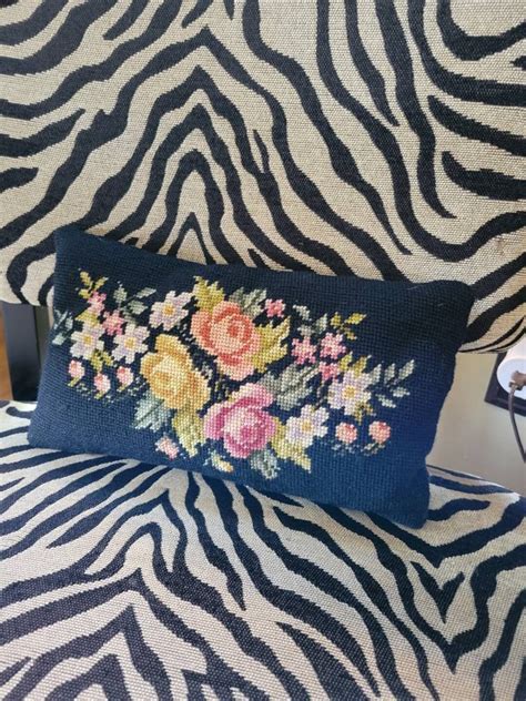 Vintage Floral Needlepoint Pillow Black Floral Needlepoint Etsy