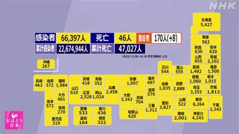 【新型コロナ 厚労省まとめ】46人死亡 6万6397人感染（6日） Nhk 新型コロナ 国内感染者数