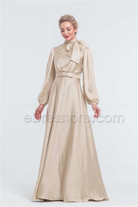 Modest Mormon Champagne Satin Bridesmaid Dresses Long Sleeves Edresstore