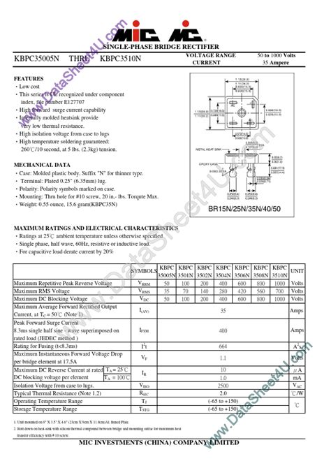 KBPC3502N MIC Datasheet Features And Benefits Stock And Price