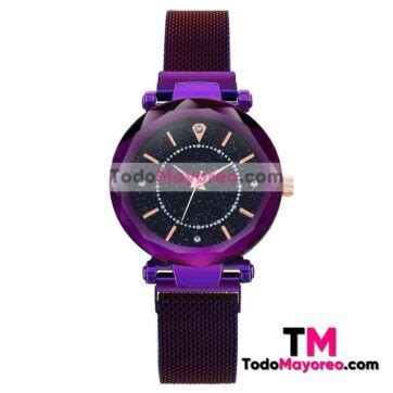 Reloj Morado Extensible Metal Mesh Imancaratula Destellos Y Diamantes