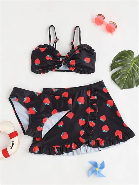 Tween Girl Strawberry Print Frill Bikini Set With Beach Skirt Summer Beach Shein Usa
