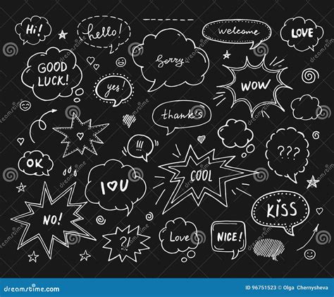 Hand Drawn Set Of Speech Bubbles With Dialog Words Stock Vector