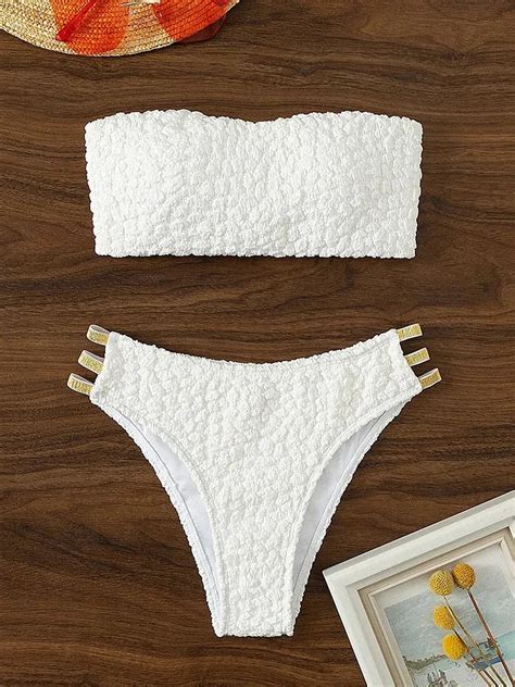 2025 Wrinkled Bandeau Strappy White Bandeau Bikini Set Sexy Two Piece