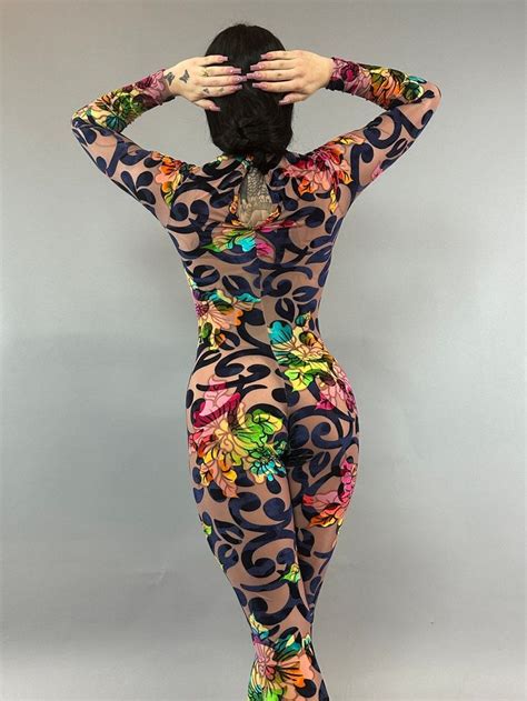 Multicolor Floral Catsuit Nude Burned Out Velvet Scoop Neck Long Sl Sheer Clothing