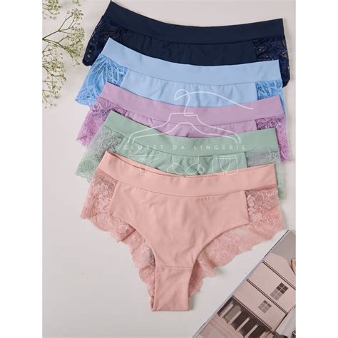 Kit 5 Calcinhas Microfibra Fio Em Renda Pala Dupla Conforto Lingerie Feminina Moda Intima