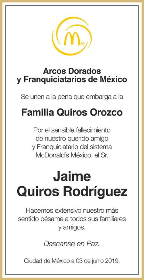 Señor Jaime Quiros Rodríguez Obituario Esquela