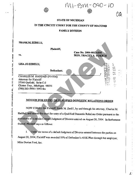 Detroit Michigan Motion For Entry Of Qualified Domestic Relations Order