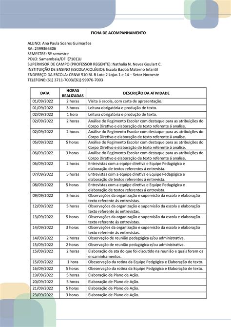 Ficha Acompanhamento Modelo Ficha De Acompanhamento Aluno Studocu