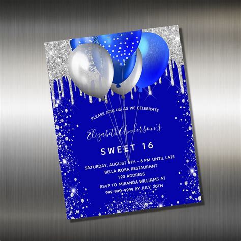 Sweet 16 Royal Blue Silver Invitation Magnet Zazzle