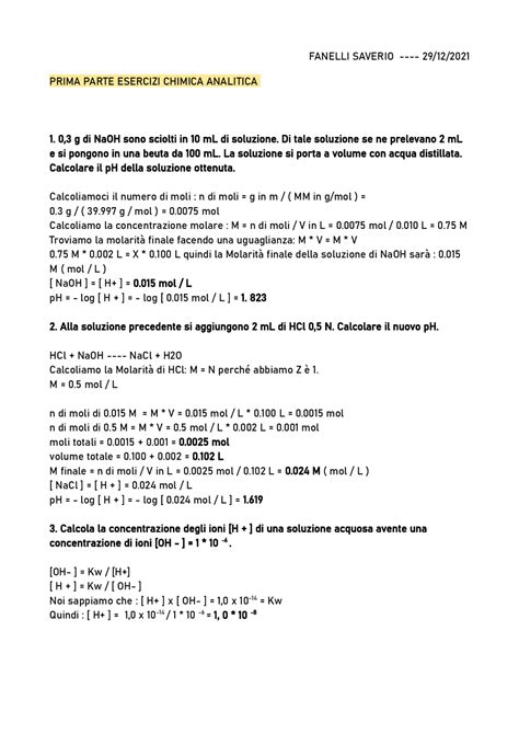 Esercizi Sul Ph Delle Soluzioni Pt 1 Docsity