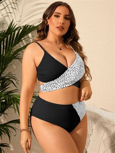 SHEIN Swim Vcay Plus Dalmatian Print Bikini Set Cross Wrap Tie Back