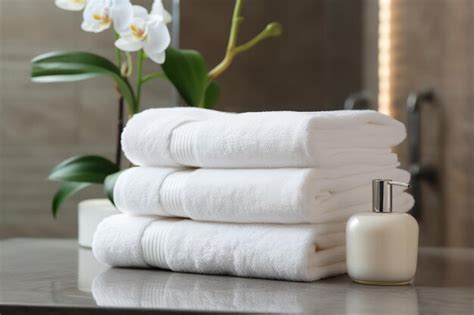 Premium Photo A Stack Of Clean Cotton Towels On Table In The Bathroom