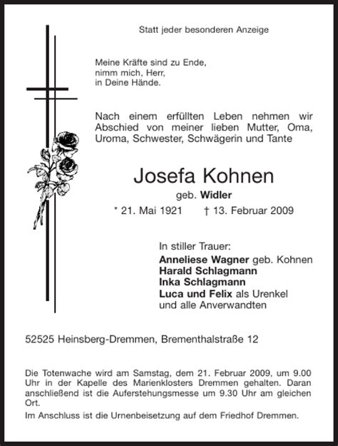 Traueranzeigen Von Josefa Kohnen Aachen Gedenkt