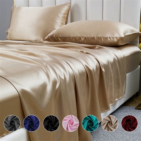 Anminy Luxury Full Size Satin Silk Sheets Khaki 4 Pieces Set With Deep