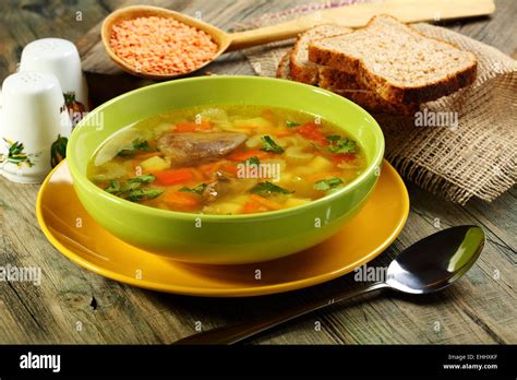 Soup of chicken giblets and red lentils Stock Photo - Alamy