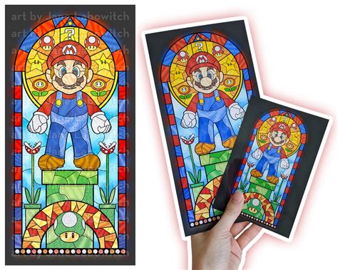 Mario Stained Glass Print Digital Illustration Choose Your Size Glossy Print Nintendo Retro Nerd