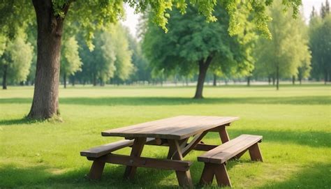 Premium Photo | Table and benches in the park Picnic table on a green ...