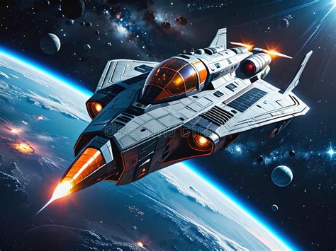 Realistic Futuristic Alien Spaceship Military Spacecraft In Starry