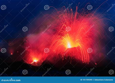 Strombolian Eruption From Stromboli Volcano With Lava Trails Explosion ...