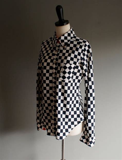 Vintage 70s Checkered Black And White Blouse M Etsy Black And White Blouse Vintage Clothes