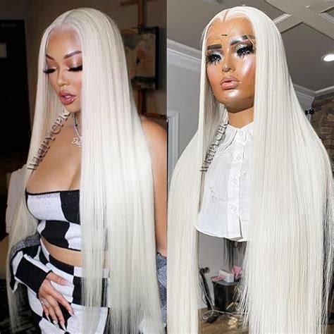 Amazon WKIPYCPK Platinum White Lace Front Wig Pre Plucked Straight Hair Platinum Blonde
