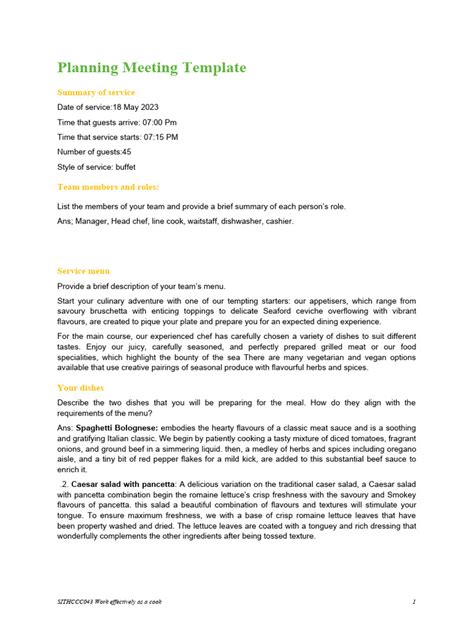 SITHCCC043 Planning Meeting Template (Aman) | PDF