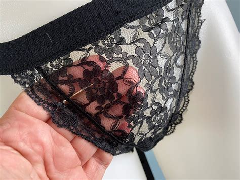 Vintage String Bikini Black Panties NOS Frilly Lace Flutter Hi Cut Size