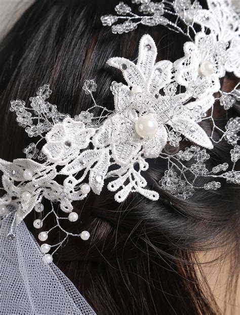 Beach Wedding Headpieces White Flowers Rhinestone Pearls Lace Up Bridal