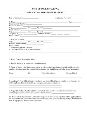 Fillable Online CITY OF POLK CITY IOWA APPLICATION FOR PEDDLERS PERMIT