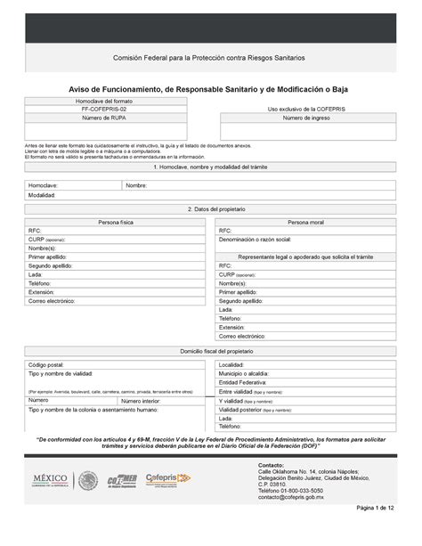 Formato Aviso Funcionamiento Aviso De Funcionamiento De Responsable