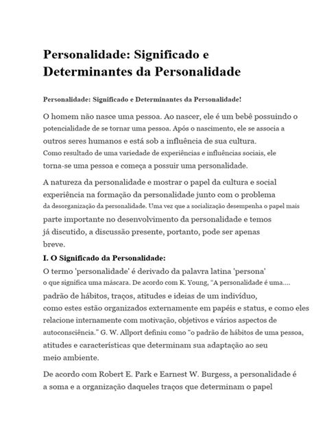 O Que Significa Personalidade Ou Aparência - Significado e Fatores da Personalidade | PDF | Sociedade | Humano