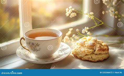 Generative AI Image Of Hot Teapot With Soft Flaky Buttery Scone At Warm Teatime Morning Stock