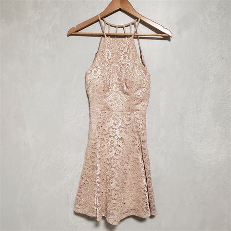 B Darlin Nude Gold Sequin Embellished Lace Halter Mi Gem