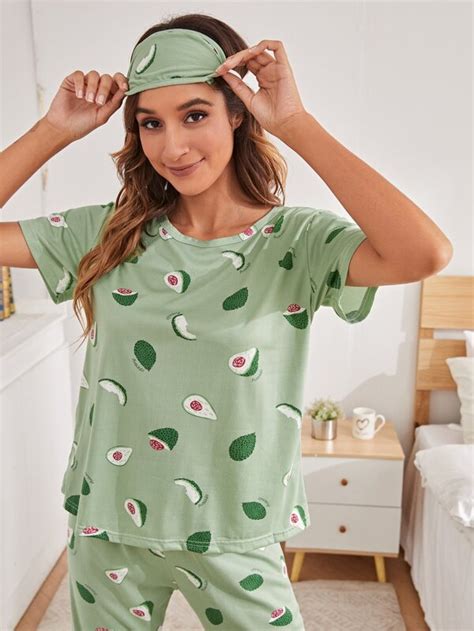 Shein Mulvari Allover Fruit Pyjama Set With Eye Cover Shein Uk