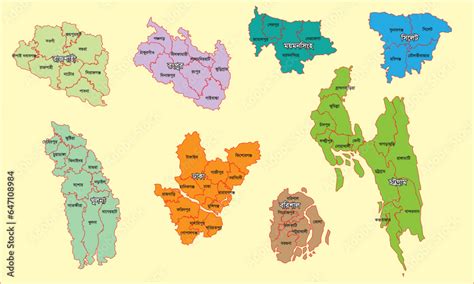 64 Districts Under 8 Divisions Separate Of Bangladesh Vector Map In