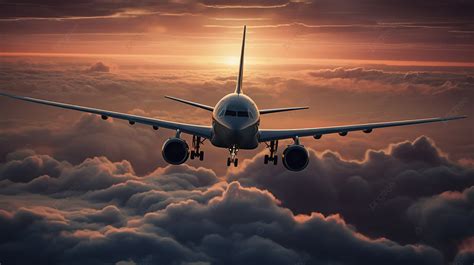 Großes Flugzeug Fliegt Bei Sonnenuntergang über Wolken Flugzeugbilder