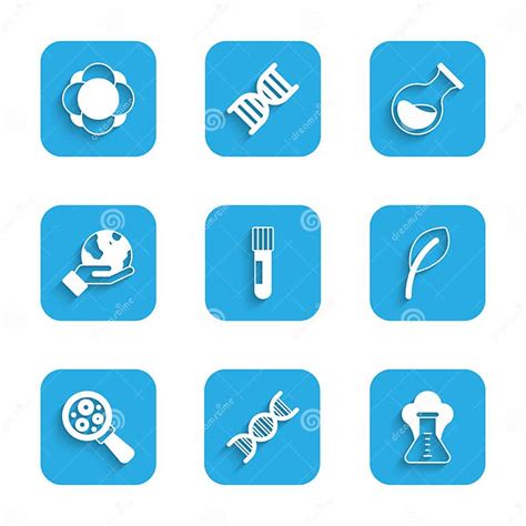 Set Test Tube And Flask Dna Symbol Chemical Explosion Leaf Or Leaves