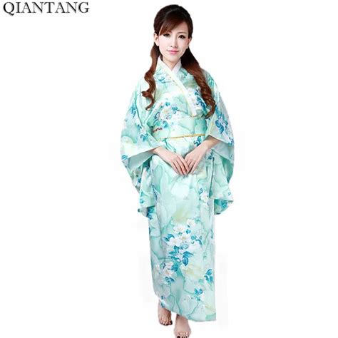 Light Blue Hot Sale Traditional Japanese Womens Kimono Haori Obi Yukata Faux Silk Satin Evening