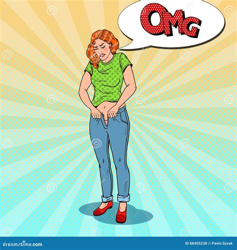 Pop Art Overweight Woman Trying To Fasten To Small Trousers Vector