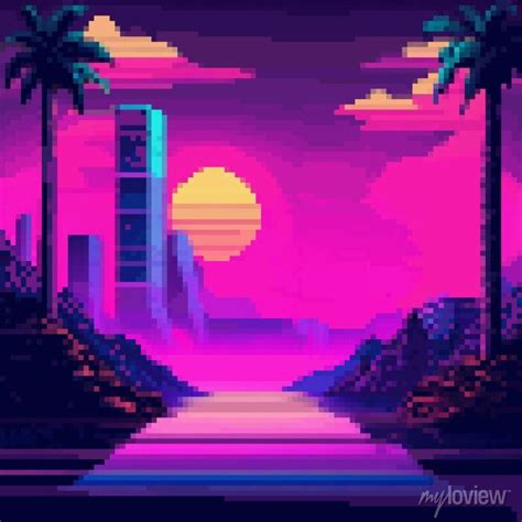 Vector Pixel Art Of 80s Retro Sci Fi Background Synthwave Vaporwave Posters For The Wall