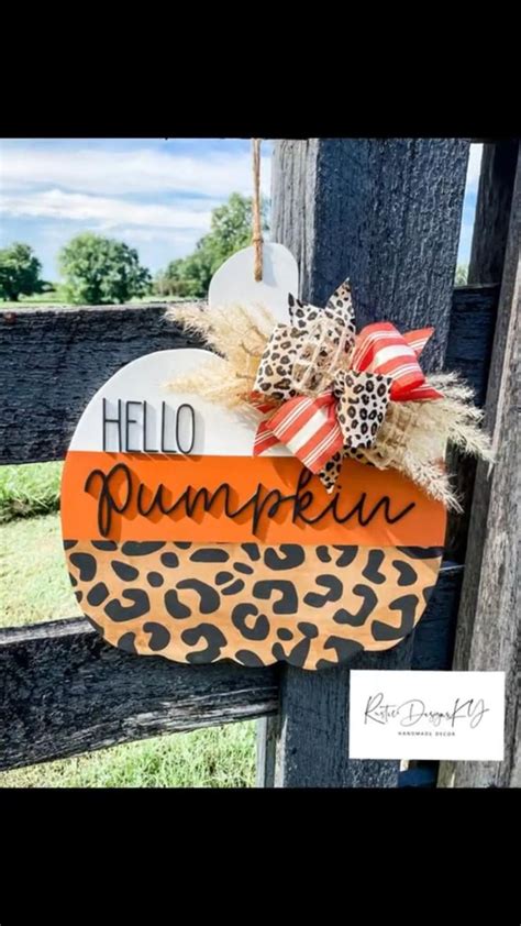 Cheetah Print Hello Pumpkin Pumpkin Shaped Door Hanger Fall Decor