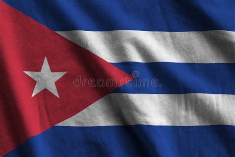 Cuba Flag With Big Folds Waving Close Up Under The Studio Light Indoors