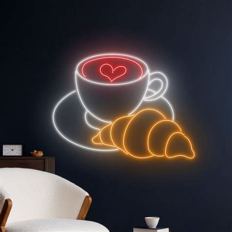 Croissant Coffee Neon Sign Cafe Croissant Neon Light Tea Cup