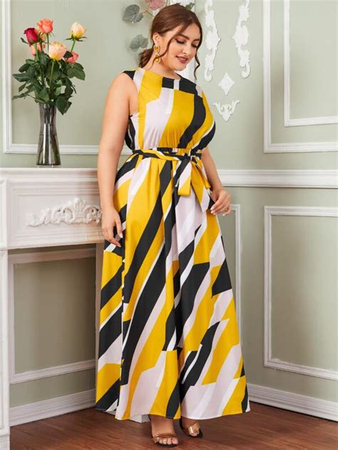 Shein Clasi Plus Colour Block Geo Belted Maxi Dress Shein Uk