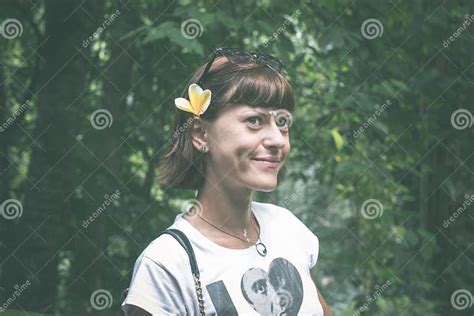 Young Brunette Beauty Woman In A Rainforest Of Bali Island Indonesia