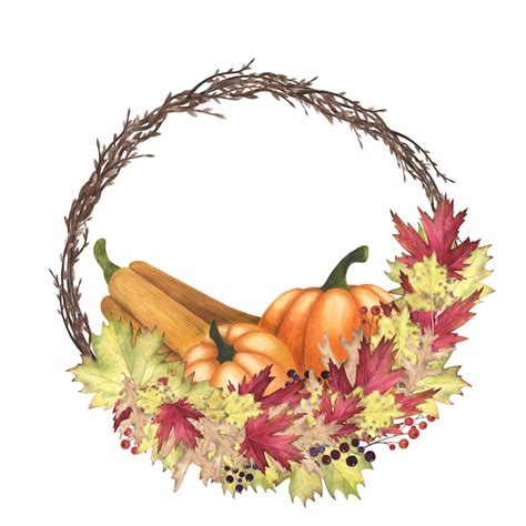 Premium Photo Willow Wreath Watercolor With Pumpkins And Autumn Leaf